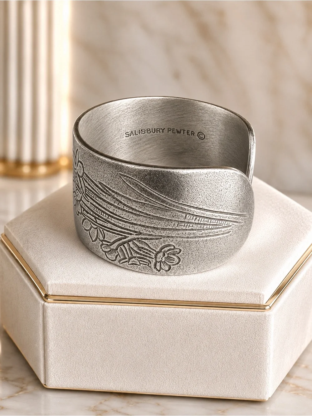 Vintage Floral Pewter Salisbury Pewter Bangle Cuff Bracelet “December “